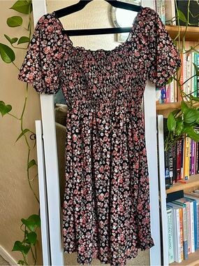 Black Floral Smocked Midi Dress, Maternity